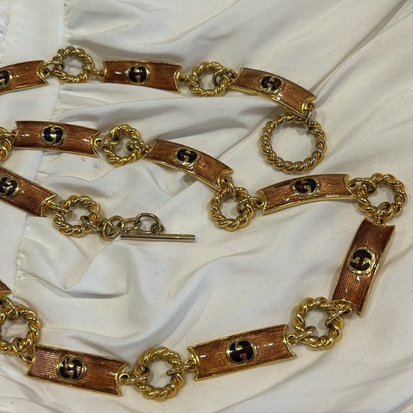 VINTAGE β70s GUCCI ITALY BROWN ENAMEL LOGO RUNWAY TOGGLE BELT/Necklace - Picture 9 of 11